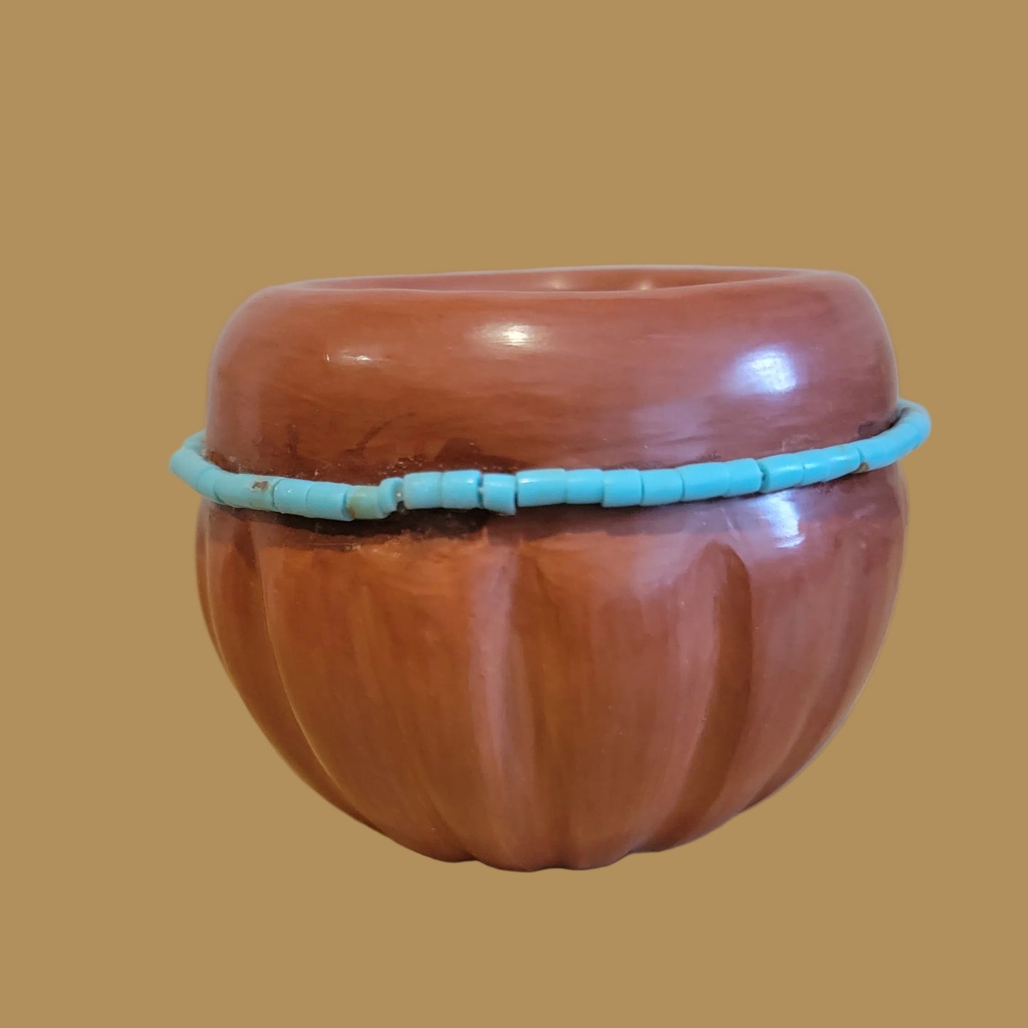 Santa Clara Redware w/ Turquoise Heishe Pueblo Pottery