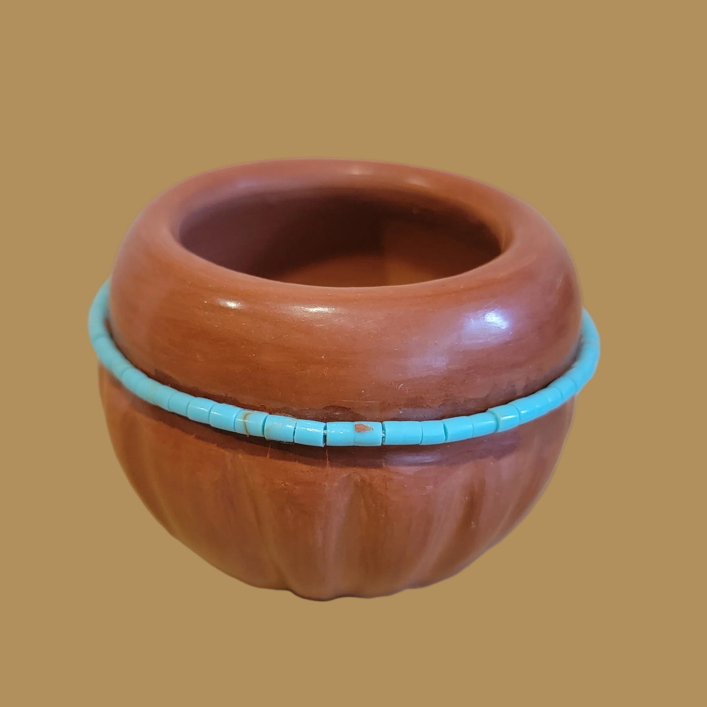Santa Clara Redware w/ Turquoise Heishe Pueblo Pottery