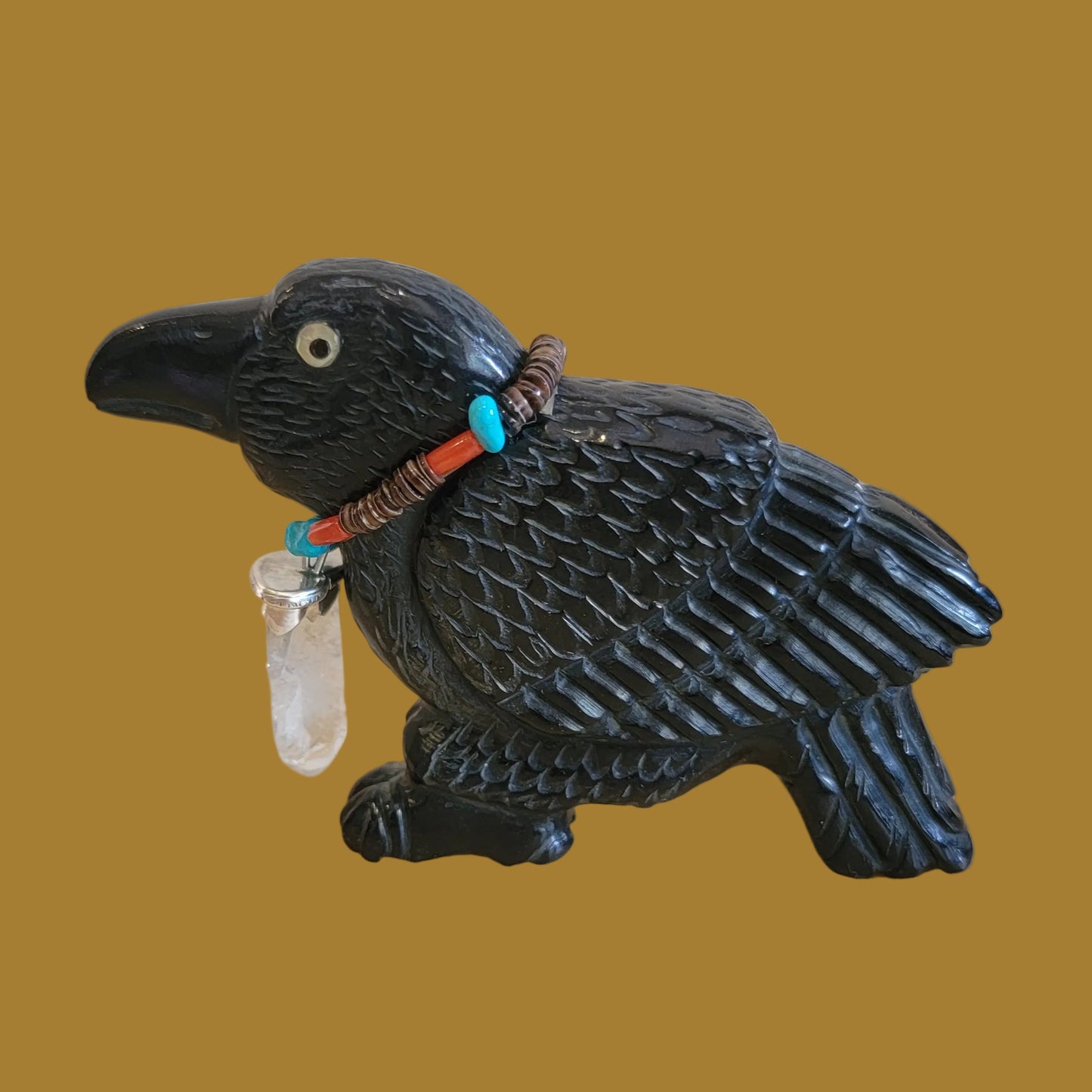 Magical Black Marble Healing Raven w/Crystal Pendant Zuni Fetish