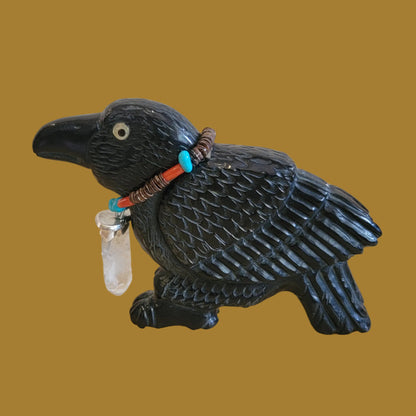 Magical Black Marble Healing Raven w/Crystal Pendant Zuni Fetish