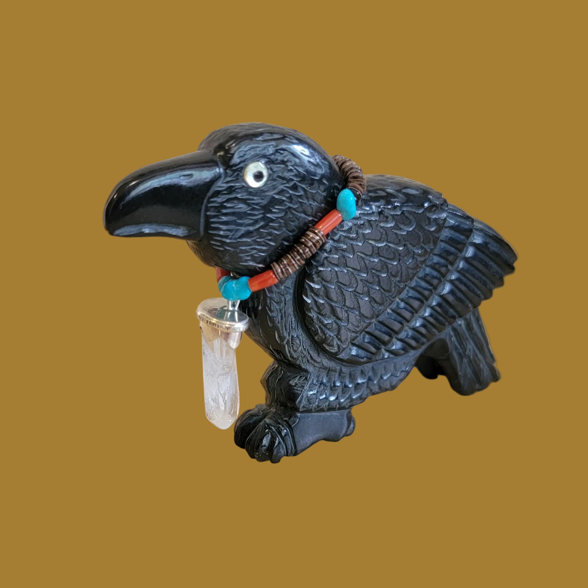 Magical Black Marble Healing Raven w/Crystal Pendant Zuni Fetish