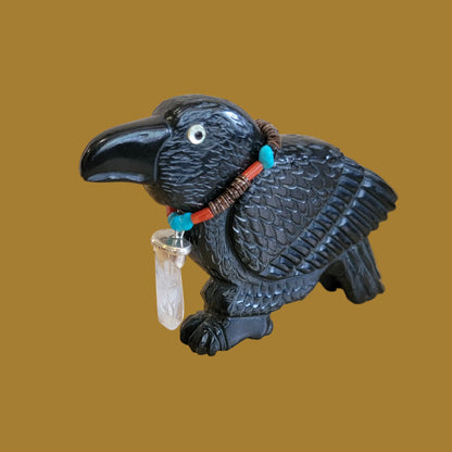 Magical Black Marble Healing Raven w/Crystal Pendant Zuni Fetish