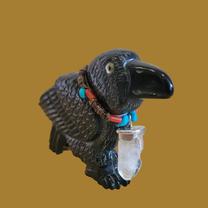 Magical Black Marble Healing Raven w/Crystal Pendant Zuni Fetish
