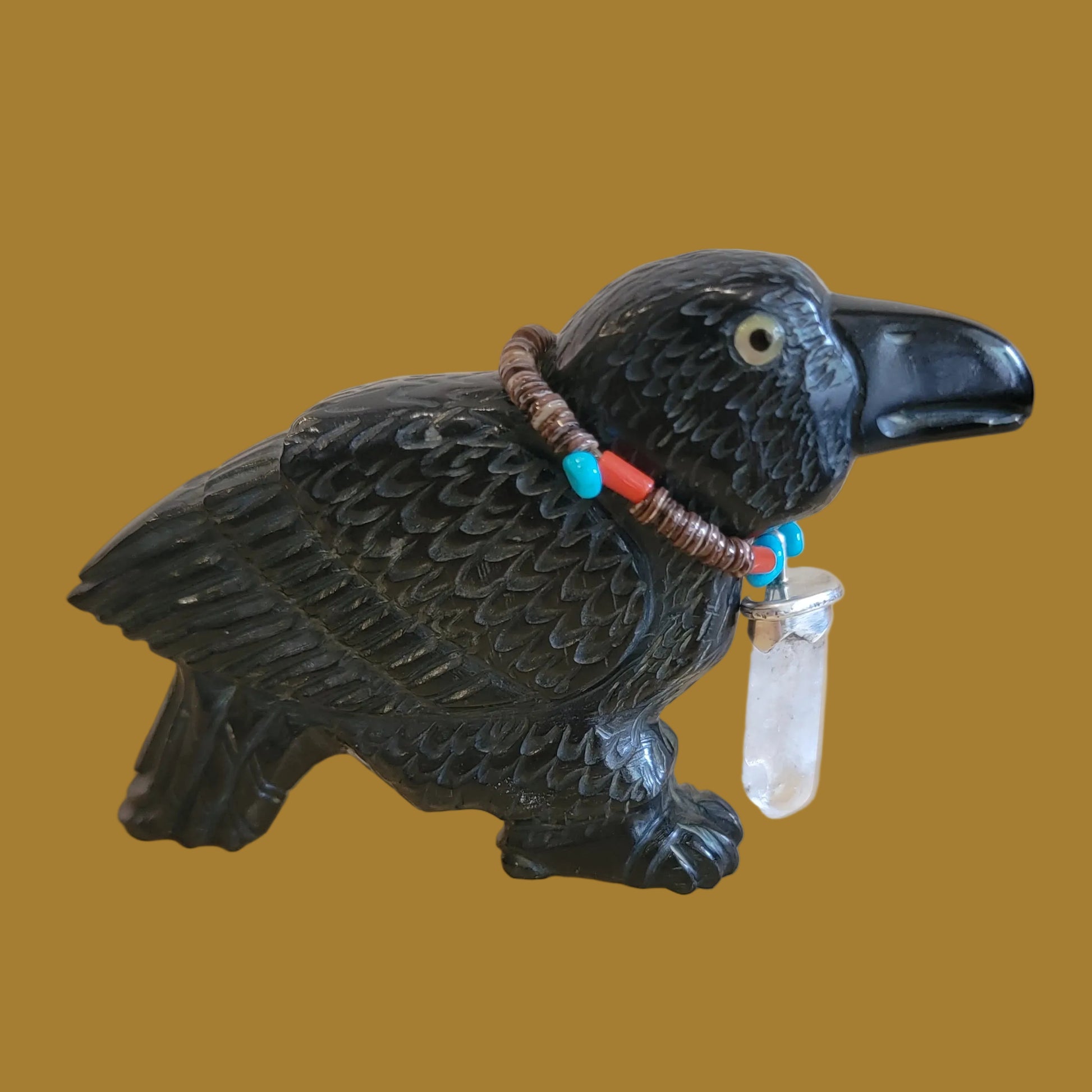 Magical Black Marble Healing Raven w/Crystal Pendant Zuni Fetish