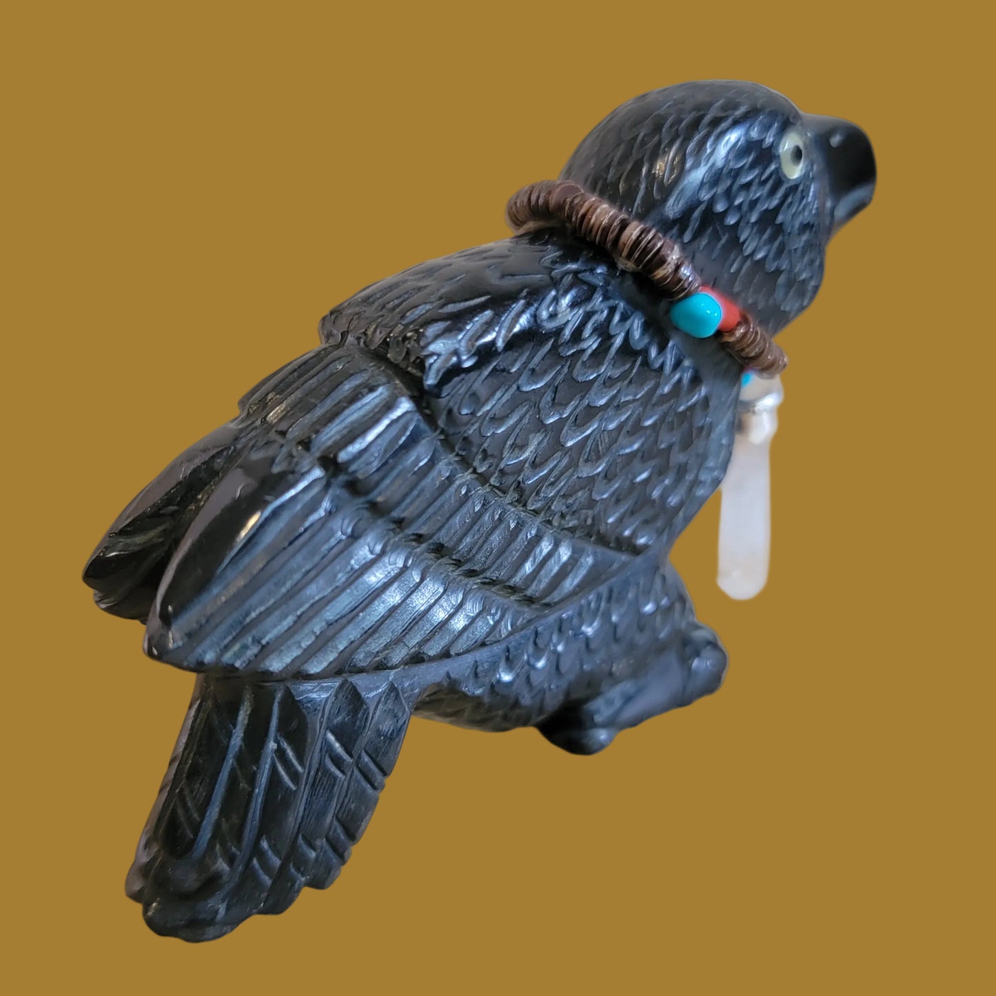 Magical Black Marble Healing Raven w/Crystal Pendant Zuni Fetish