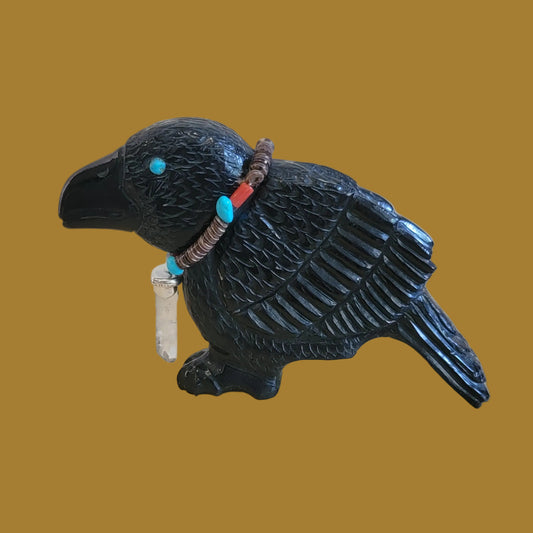 Mesmerizing Black Marble Healing Raven w/ Crystal Necklace Zuni Fetish