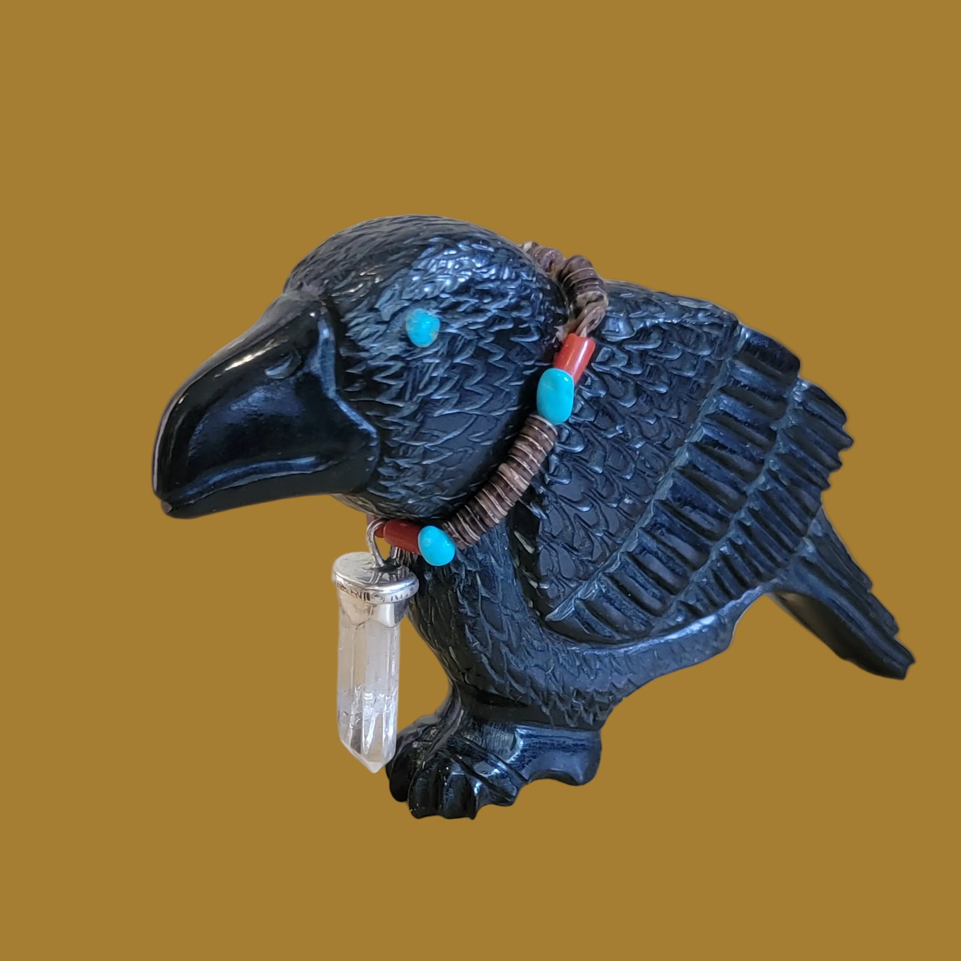 Mesmerizing Black Marble Healing Raven w/ Crystal Necklace Zuni Fetish