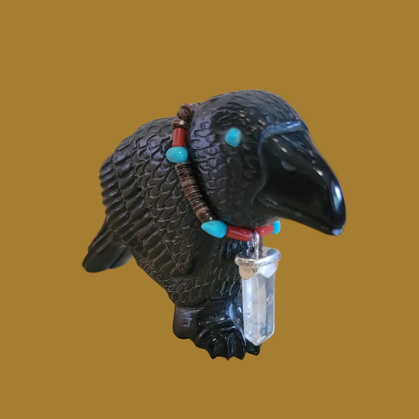Mesmerizing Black Marble Healing Raven w/ Crystal Necklace Zuni Fetish