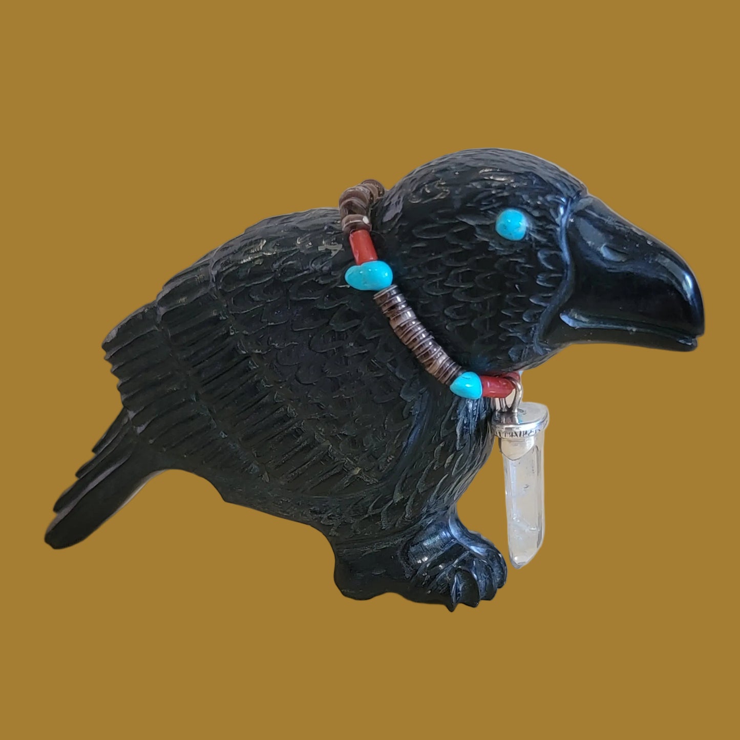 Mesmerizing Black Marble Healing Raven w/ Crystal Necklace Zuni Fetish