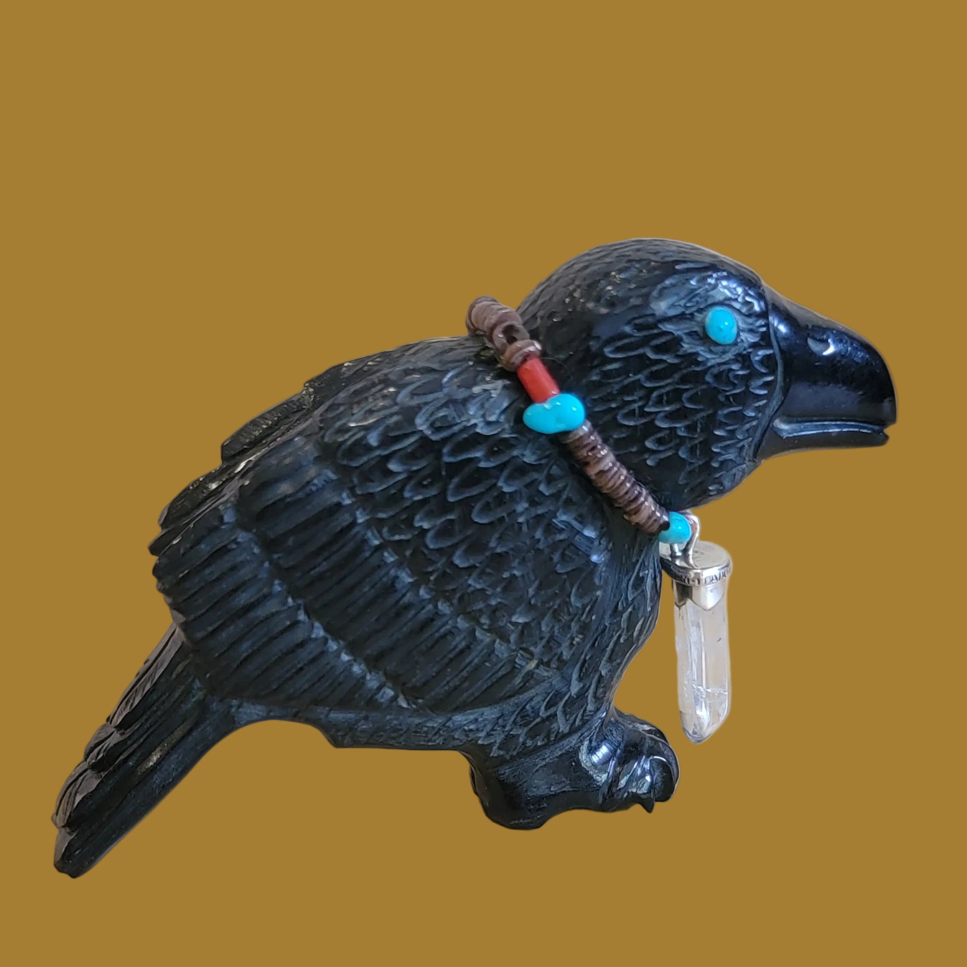 Mesmerizing Black Marble Healing Raven w/ Crystal Necklace Zuni Fetish
