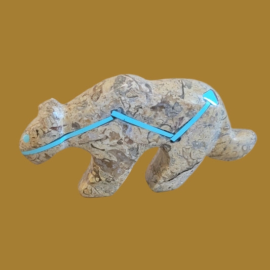 Fossil Shell Mountain Lion w/ Heartline Zuni Fetish