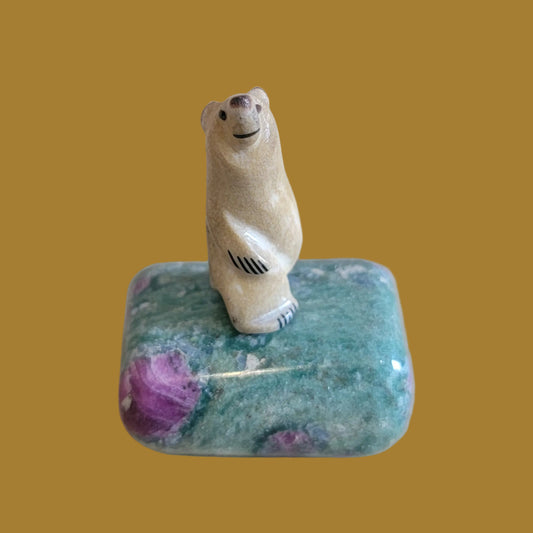 Miniature Antler Bear on Zoesite Base Zuni Fetish