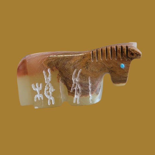 Onyx Healing Horse w/ Petroglyph Etching Zuni Fetish