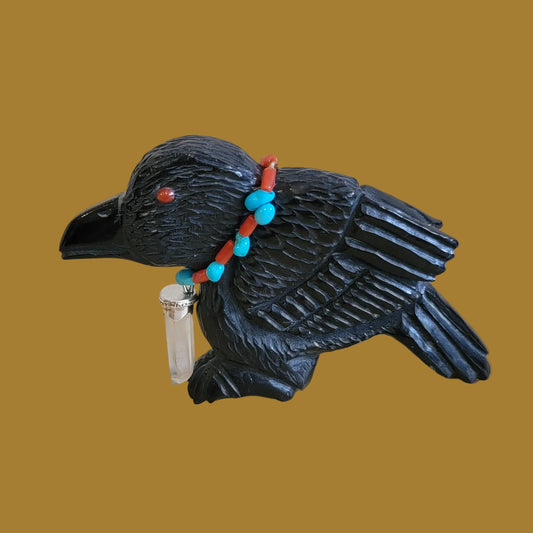 Wise Elder Raven w/Crystal and Sterling Silver Necklace Zuni Fetish