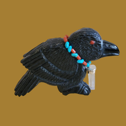 Wise Elder Raven w/Crystal and Sterling Silver Necklace Zuni Fetish
