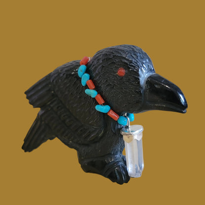 Wise Elder Raven w/Crystal and Sterling Silver Necklace Zuni Fetish