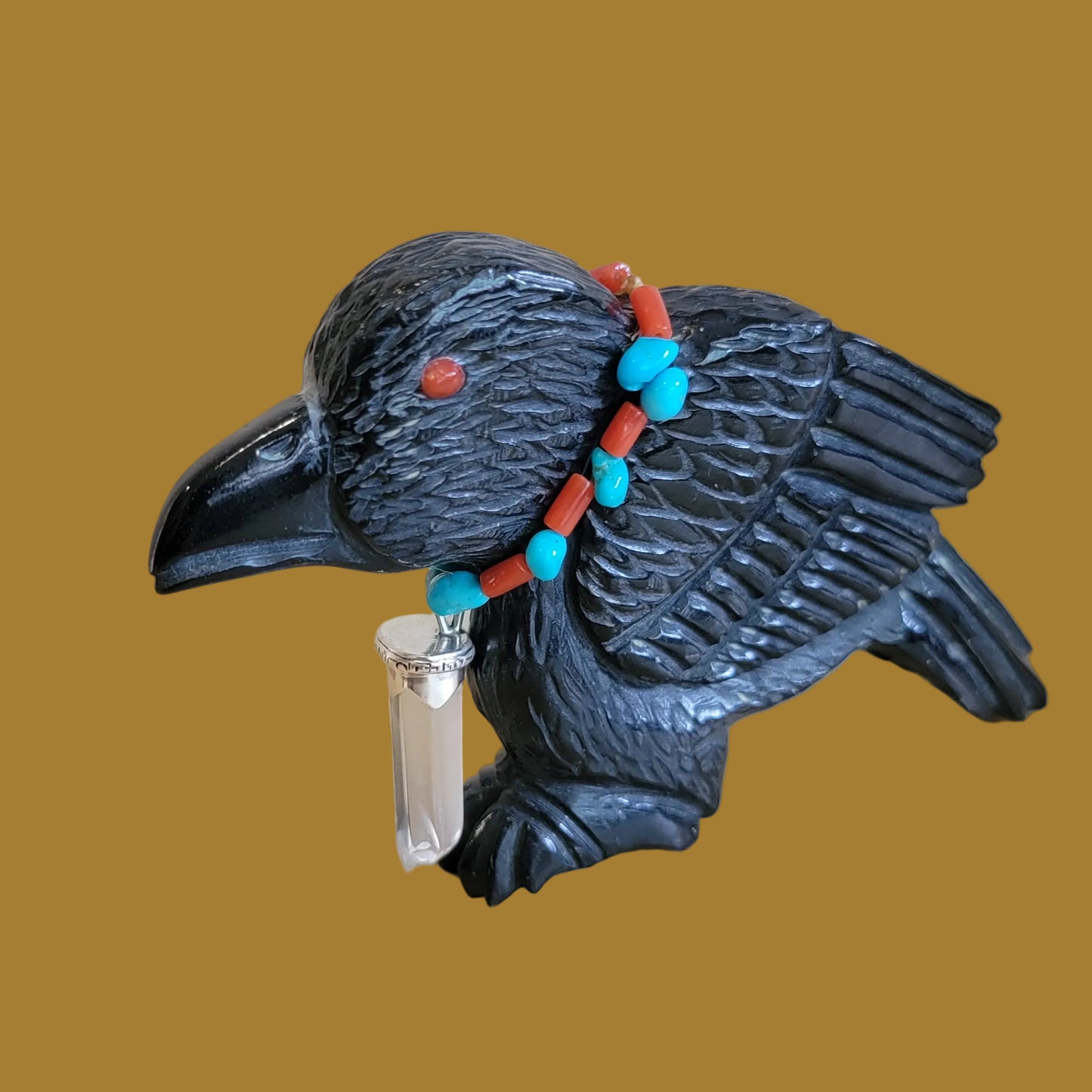 Wise Elder Raven w/Crystal and Sterling Silver Necklace Zuni Fetish