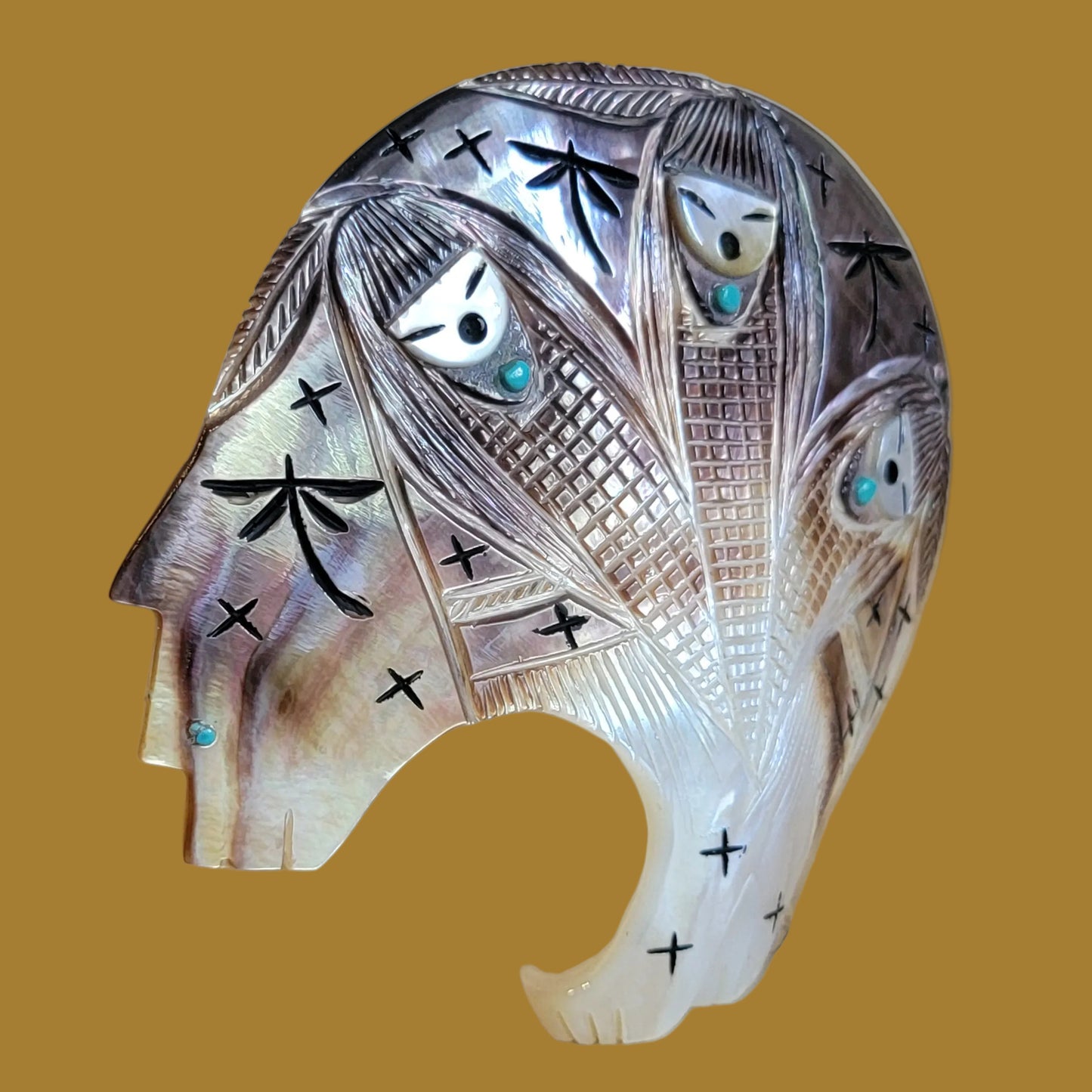 Magnificent Silver Lip Shell Medicine Bear w/Triple Corn Maidens Zuni Fetish