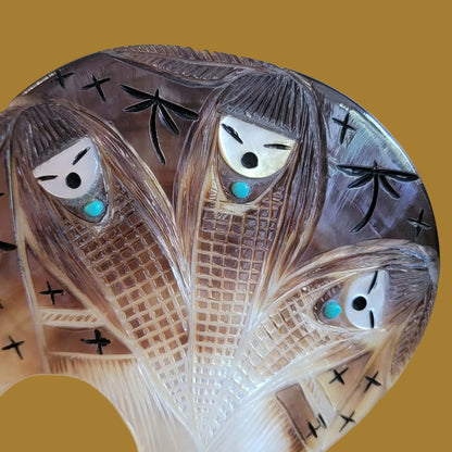 Magnificent Silver Lip Shell Medicine Bear w/Triple Corn Maidens Zuni Fetish