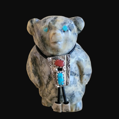 Pinolite Bear Cub w/ Turquoise, Coral and Sterling Silver Bolo Tie Zuni Fetish