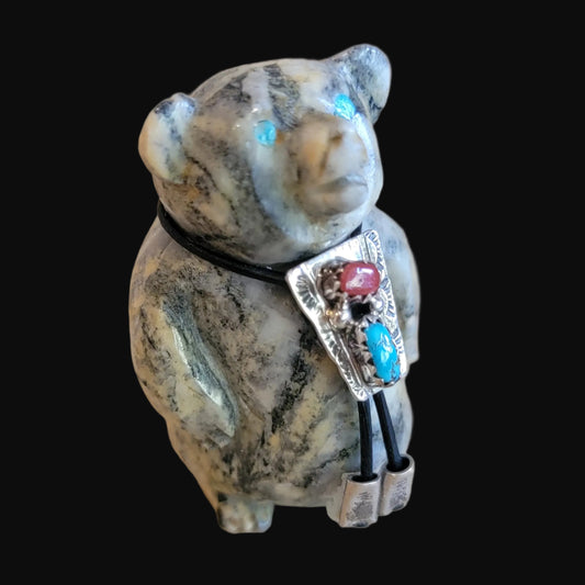 Pinolite Bear Cub w/ Turquoise, Coral and Sterling Silver Bolo Tie Zuni Fetish