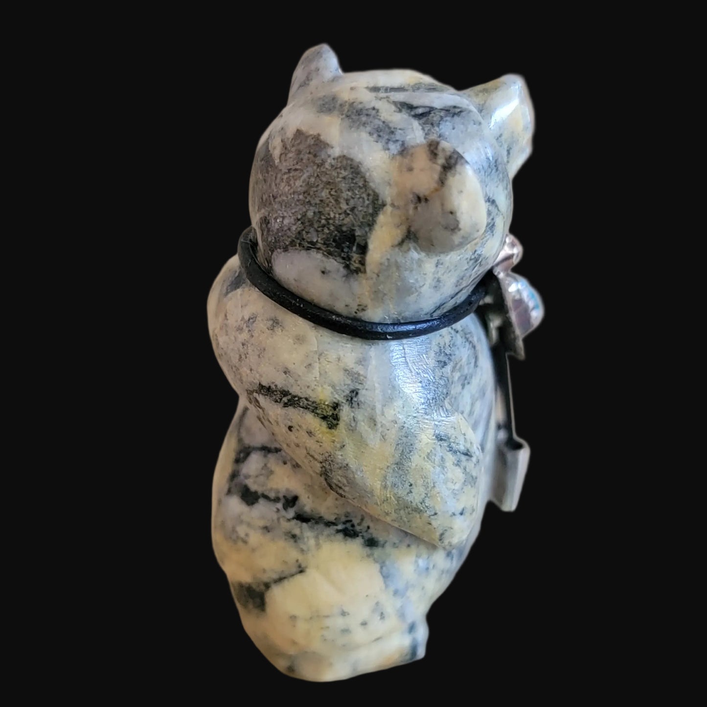 Pinolite Bear Cub w/ Turquoise, Coral and Sterling Silver Bolo Tie Zuni Fetish