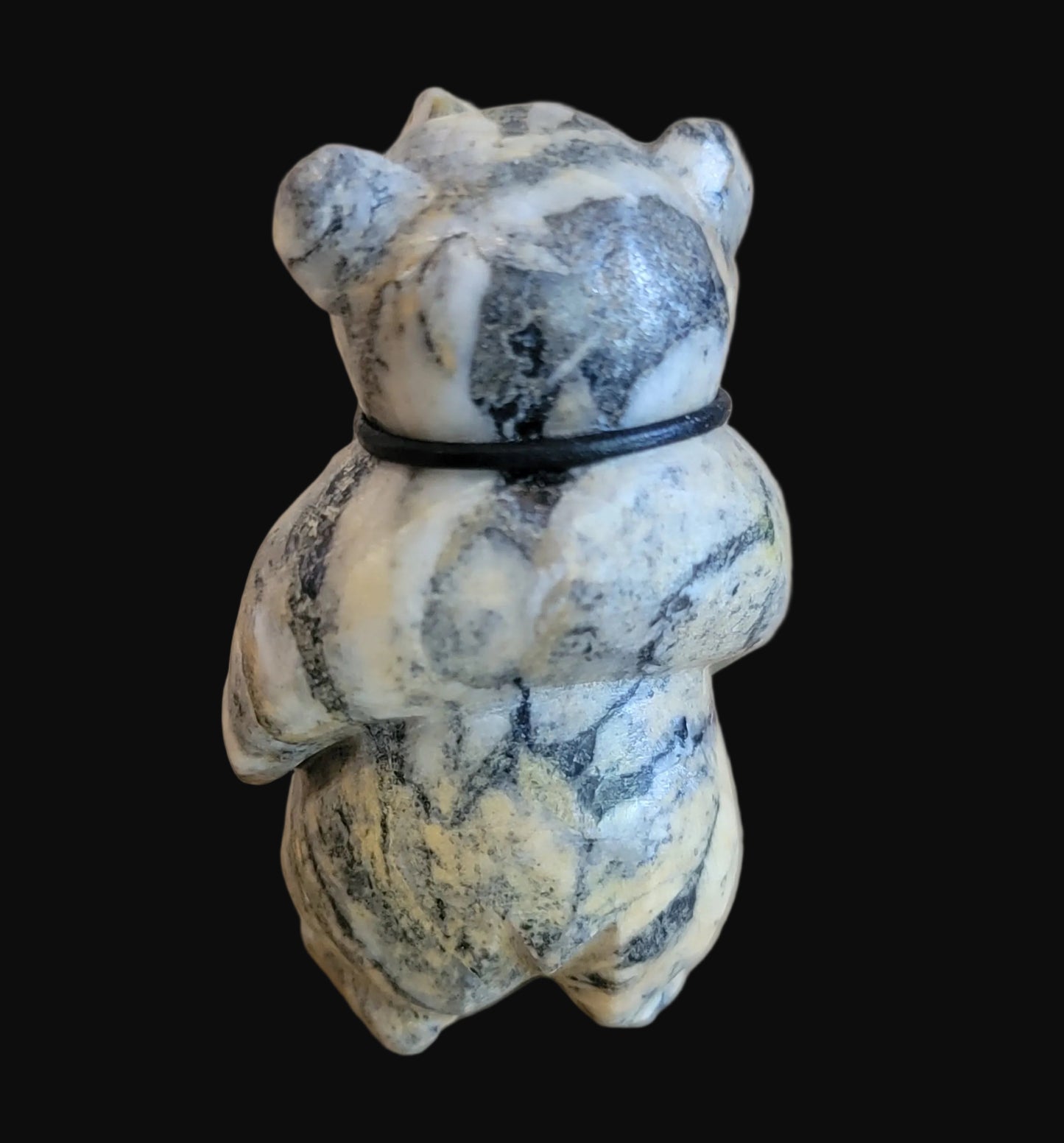 Pinolite Bear Cub w/ Turquoise, Coral and Sterling Silver Bolo Tie Zuni Fetish