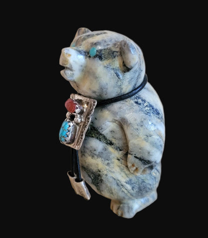 Pinolite Bear Cub w/ Turquoise, Coral and Sterling Silver Bolo Tie Zuni Fetish