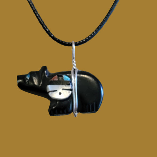 Double Sided Black Jet Zuni Fetish Bear Pendant Indian Jewelry