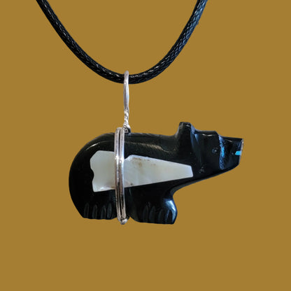 Double Sided Black Jet Zuni Fetish Bear Pendant Indian Jewelry