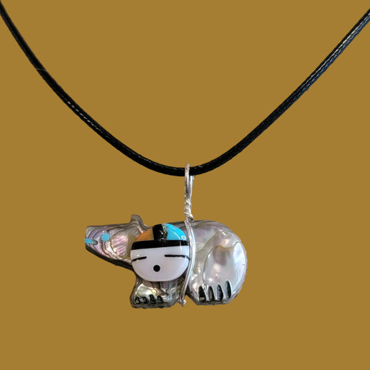 Reversible Double Sided Abalone Shell Zuni Fetish Bear Pendant w/Sun and Arrowhead Indian Jewelry