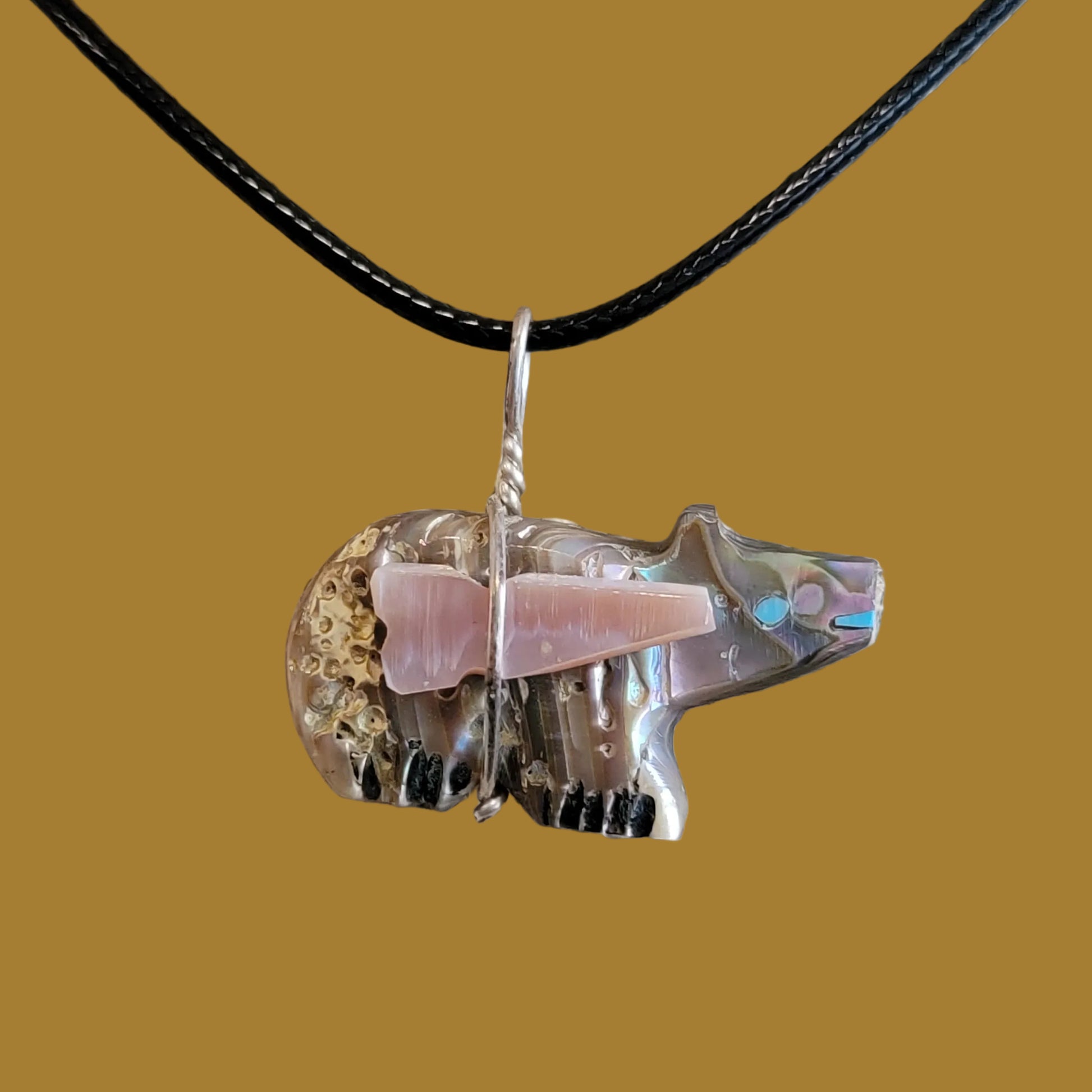 Reversible Double Sided Abalone Shell Zuni Fetish Bear Pendant w/Sun and Arrowhead Indian Jewelry