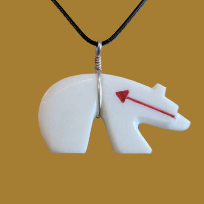 White Marble Zuni Fetish Bear Pendant w/ Coral Heartline