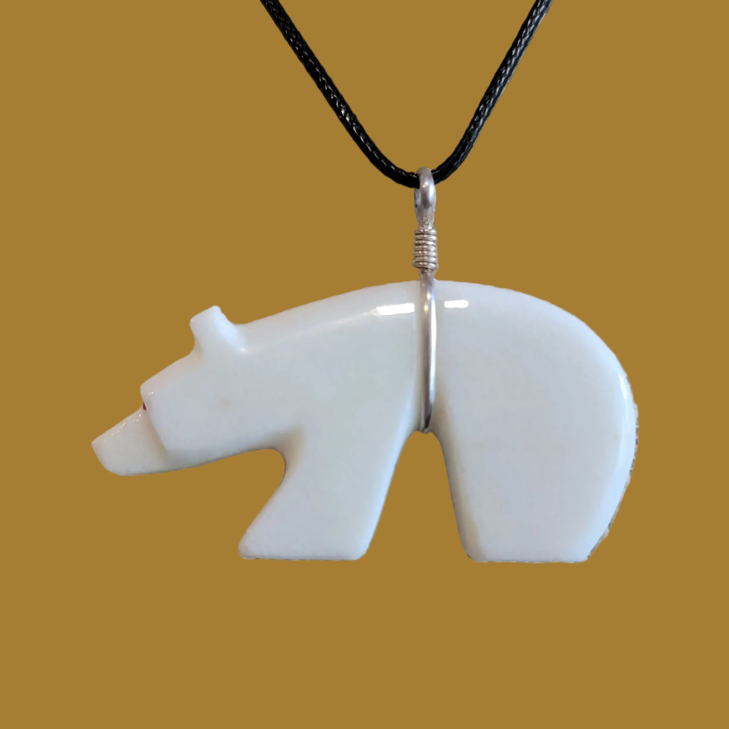 White Marble Zuni Fetish Bear Pendant w/ Coral Heartline