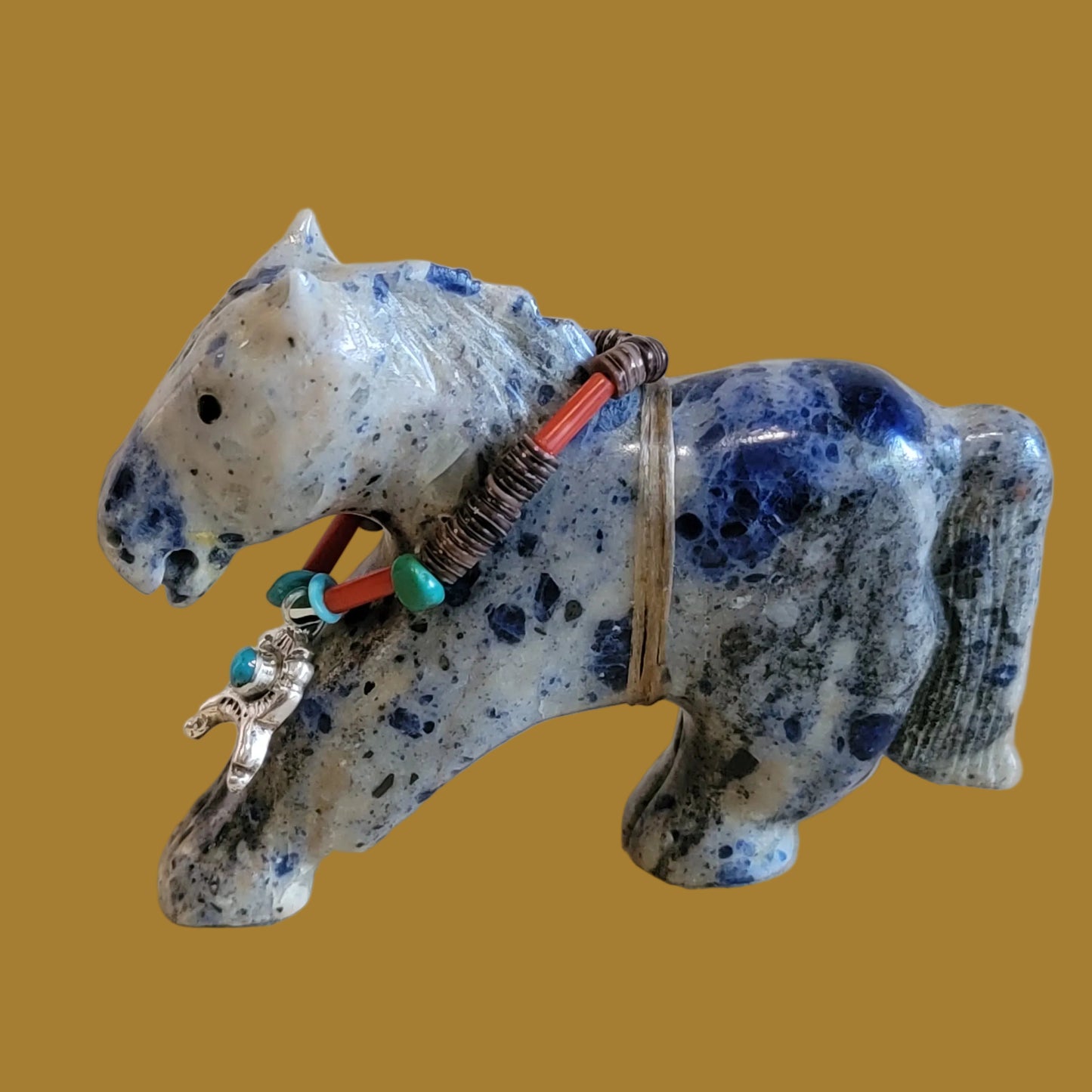 Amazing Sodalite Healing Horse w/ Sterling Silver Horseshoe Pendant Zuni Fetish