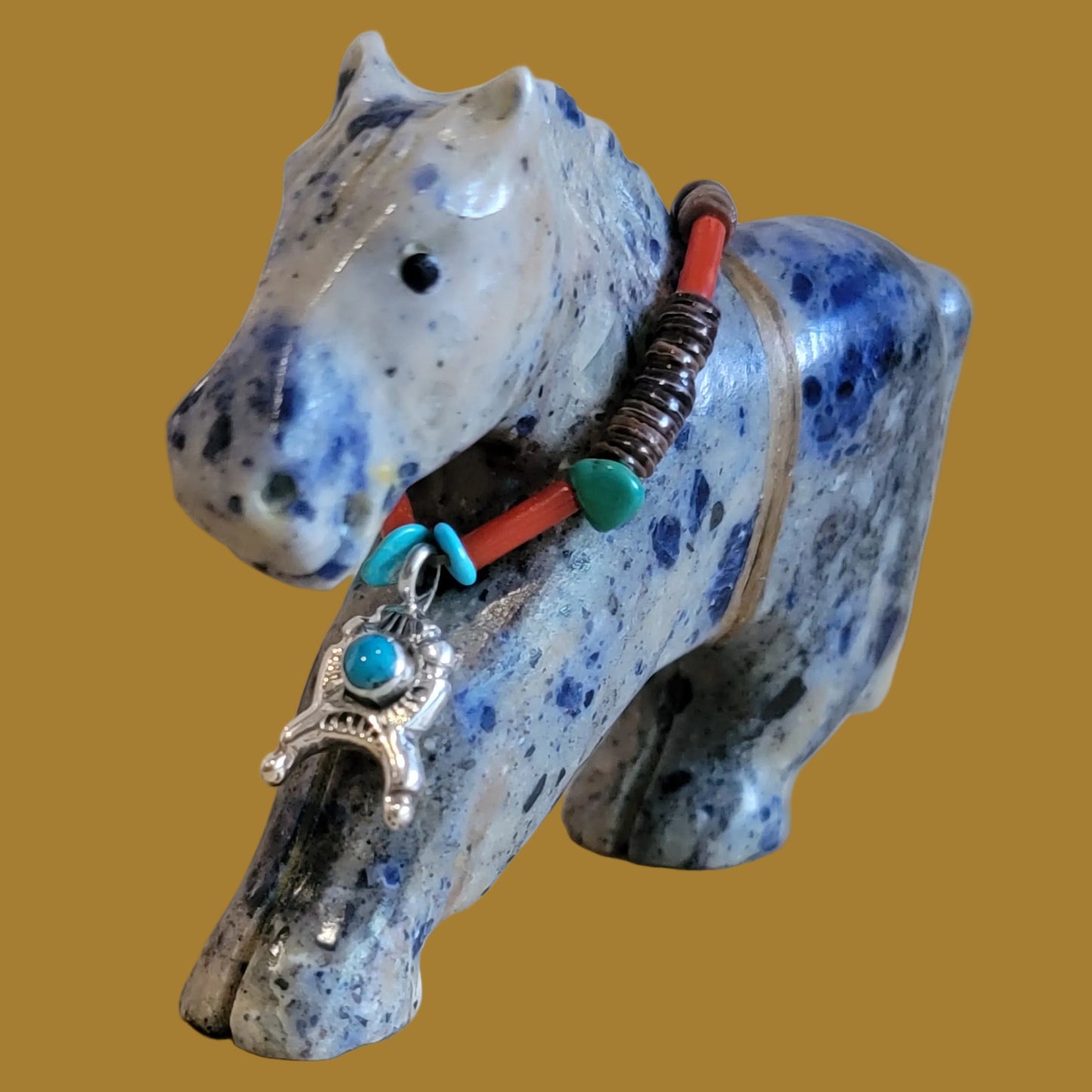 Amazing Sodalite Healing Horse w/ Sterling Silver Horseshoe Pendant Zuni Fetish