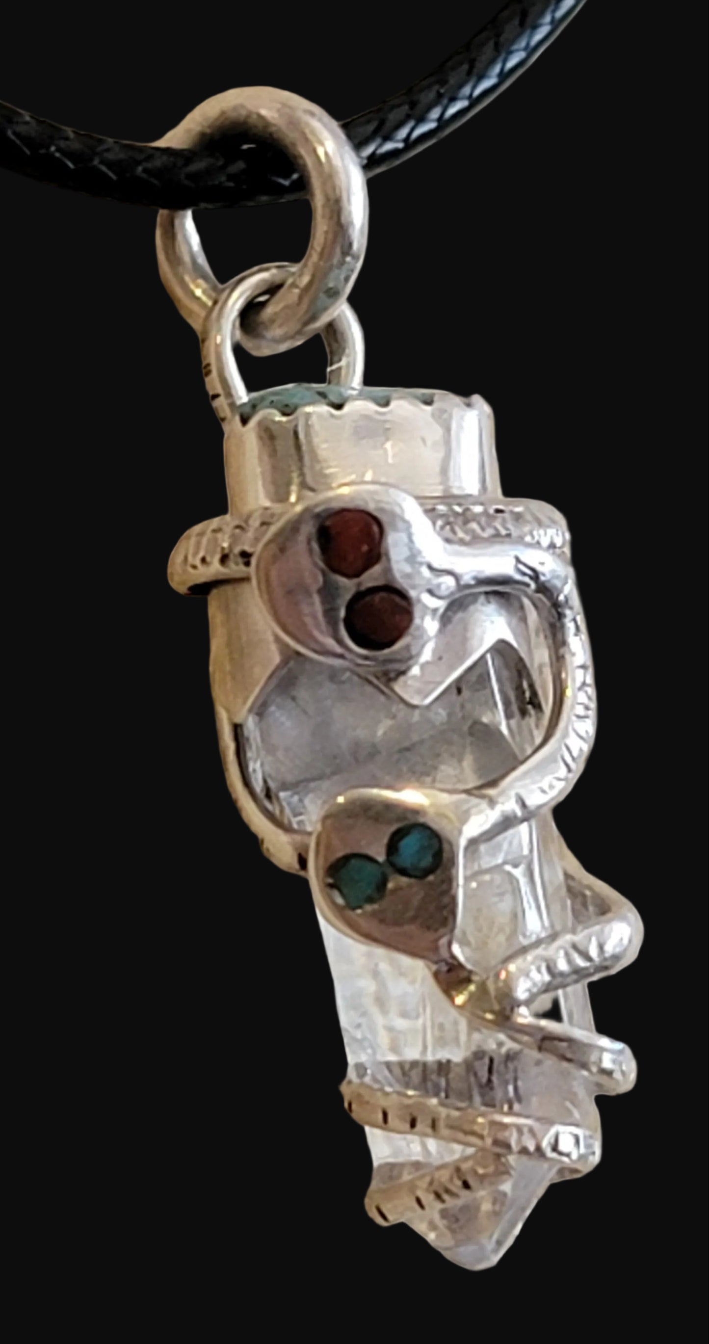 Zuni Double Snakes Sterling Silver Fetish Necklace w/Crystal