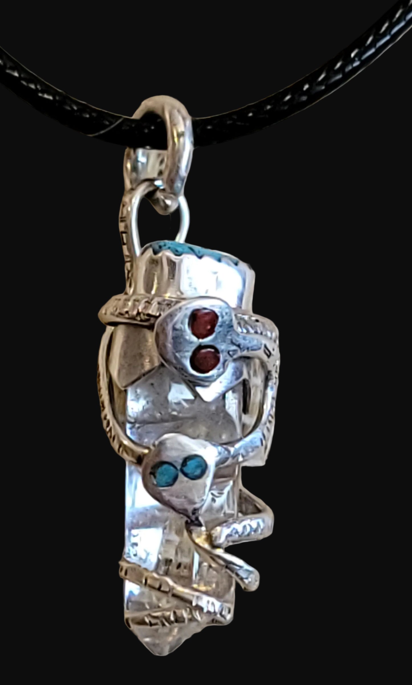 Zuni Double Snakes Sterling Silver Fetish Necklace w/Crystal