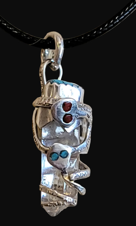 Zuni Double Snakes Sterling Silver Fetish Necklace w/Crystal