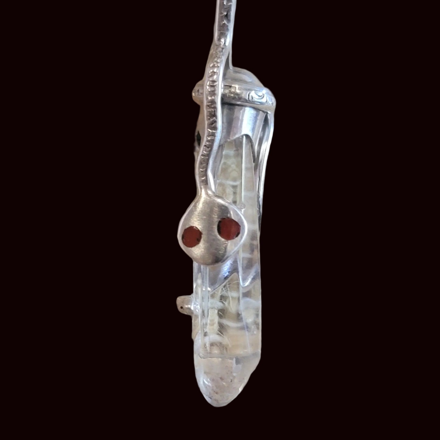 Sterling Silver Zuni Fetish Snake on Crystal w/coral Eyes Pendant