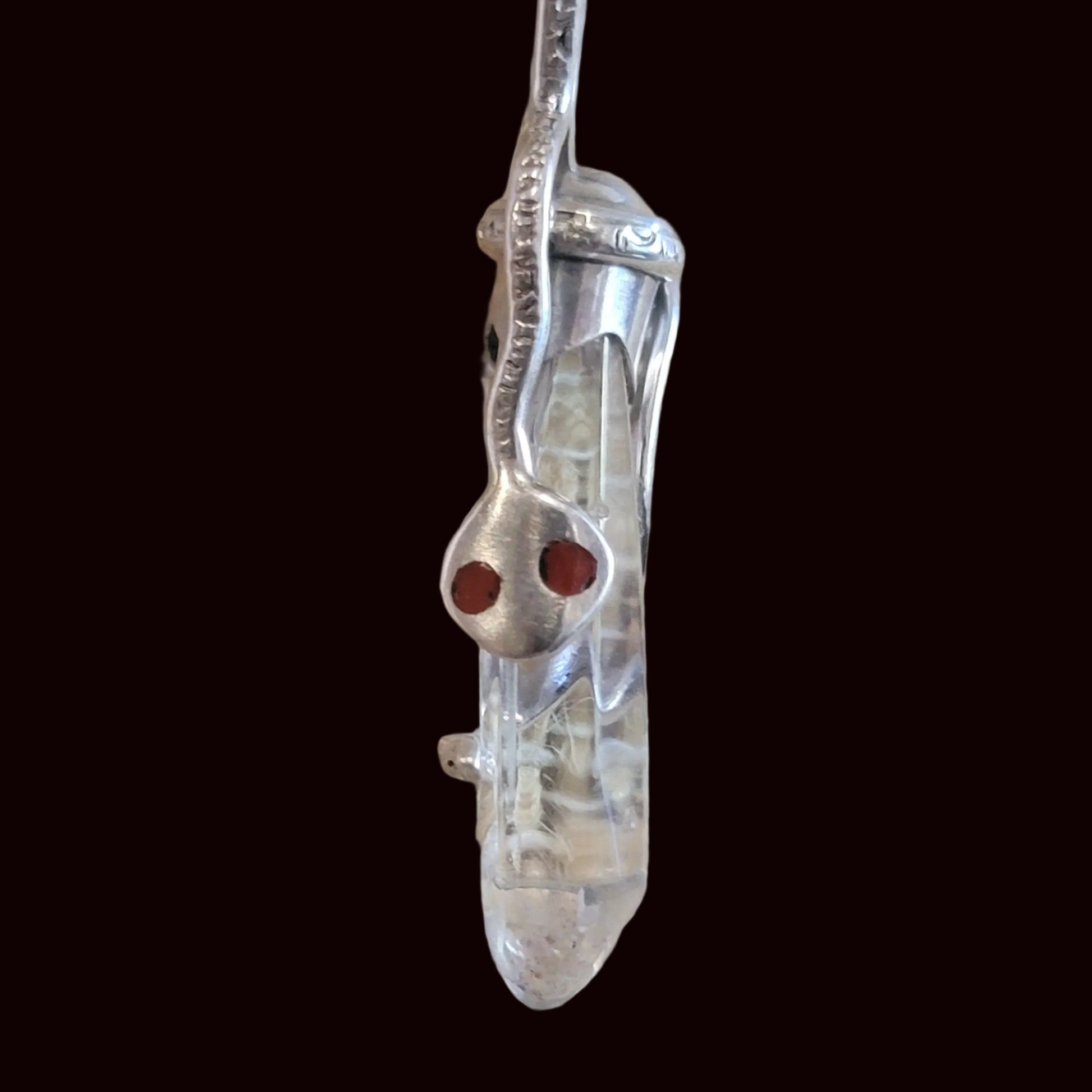 Sterling Silver Zuni Fetish Snake on Crystal w/coral Eyes Pendant