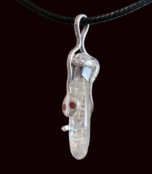 Sterling Silver Zuni Fetish Snake on Crystal w/coral Eyes Pendant
