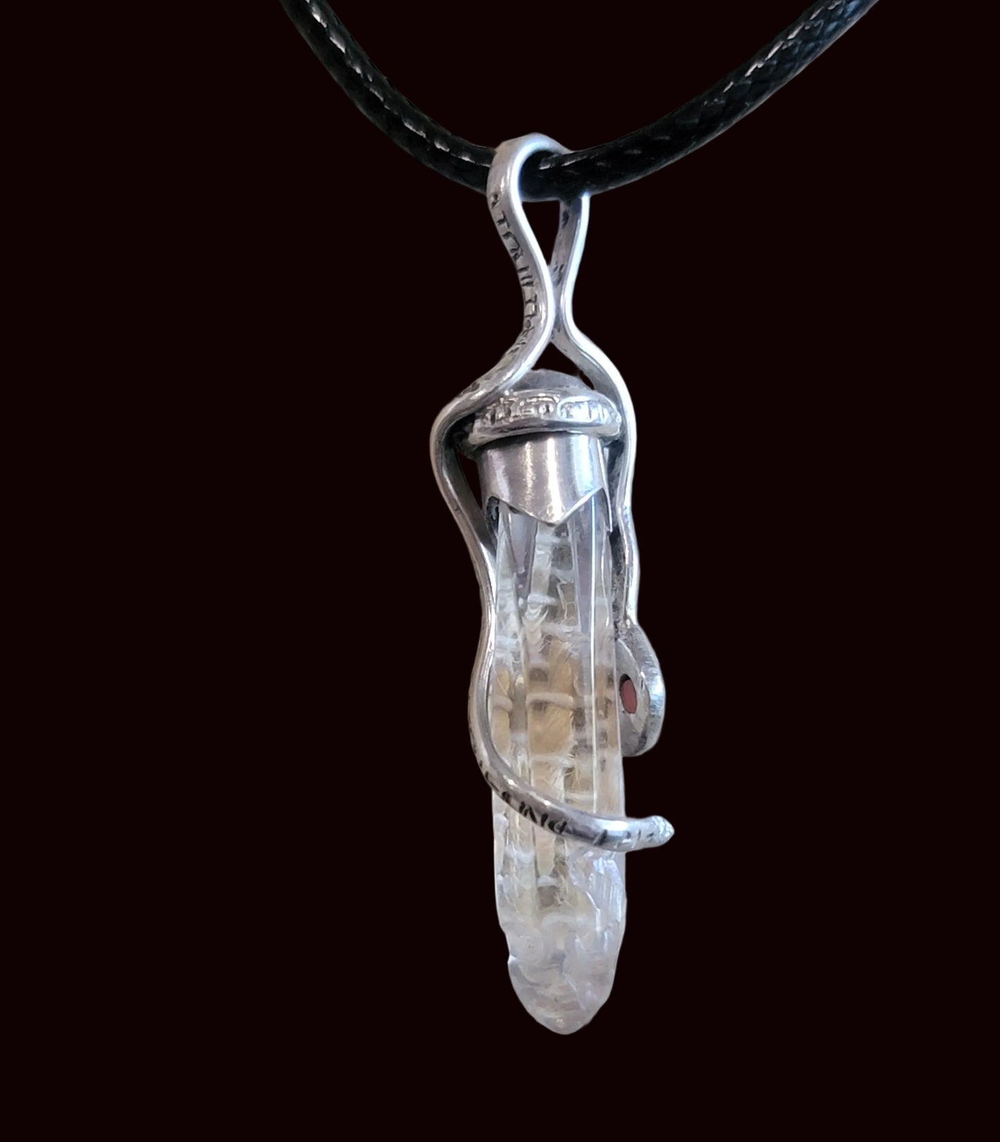 Sterling Silver Zuni Fetish Snake on Crystal w/coral Eyes Pendant
