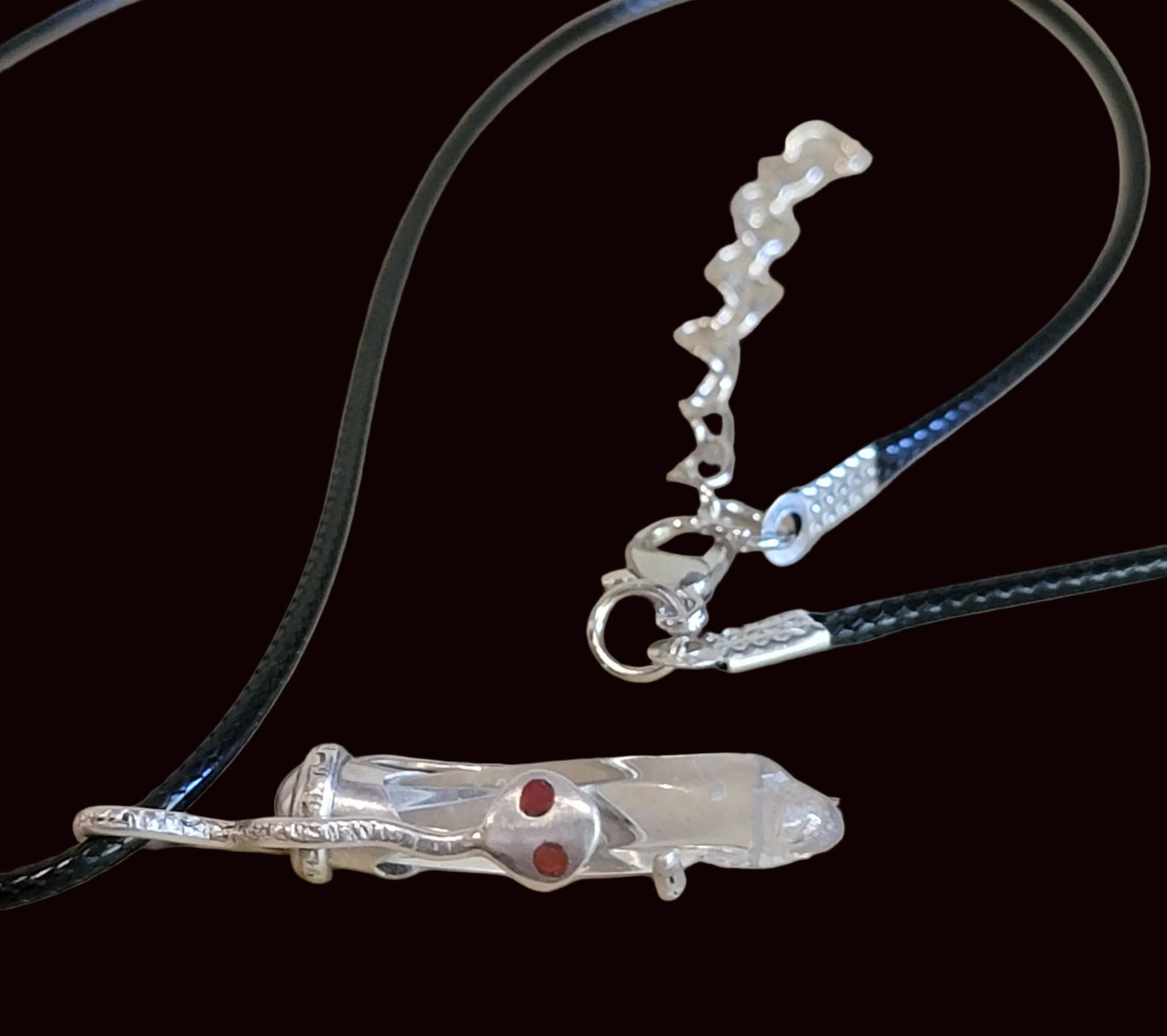 Sterling Silver Zuni Fetish Snake on Crystal w/coral Eyes Pendant
