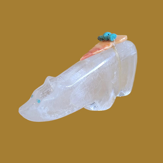 Beautiful Selenite Bear w/Colorful Pack Zuni Fetish