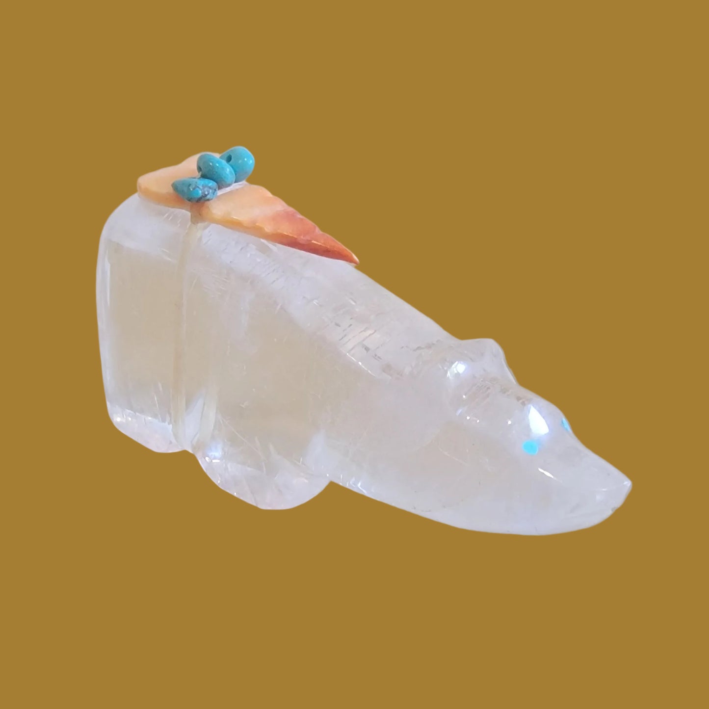 Beautiful Selenite Bear w/Colorful Pack Zuni Fetish