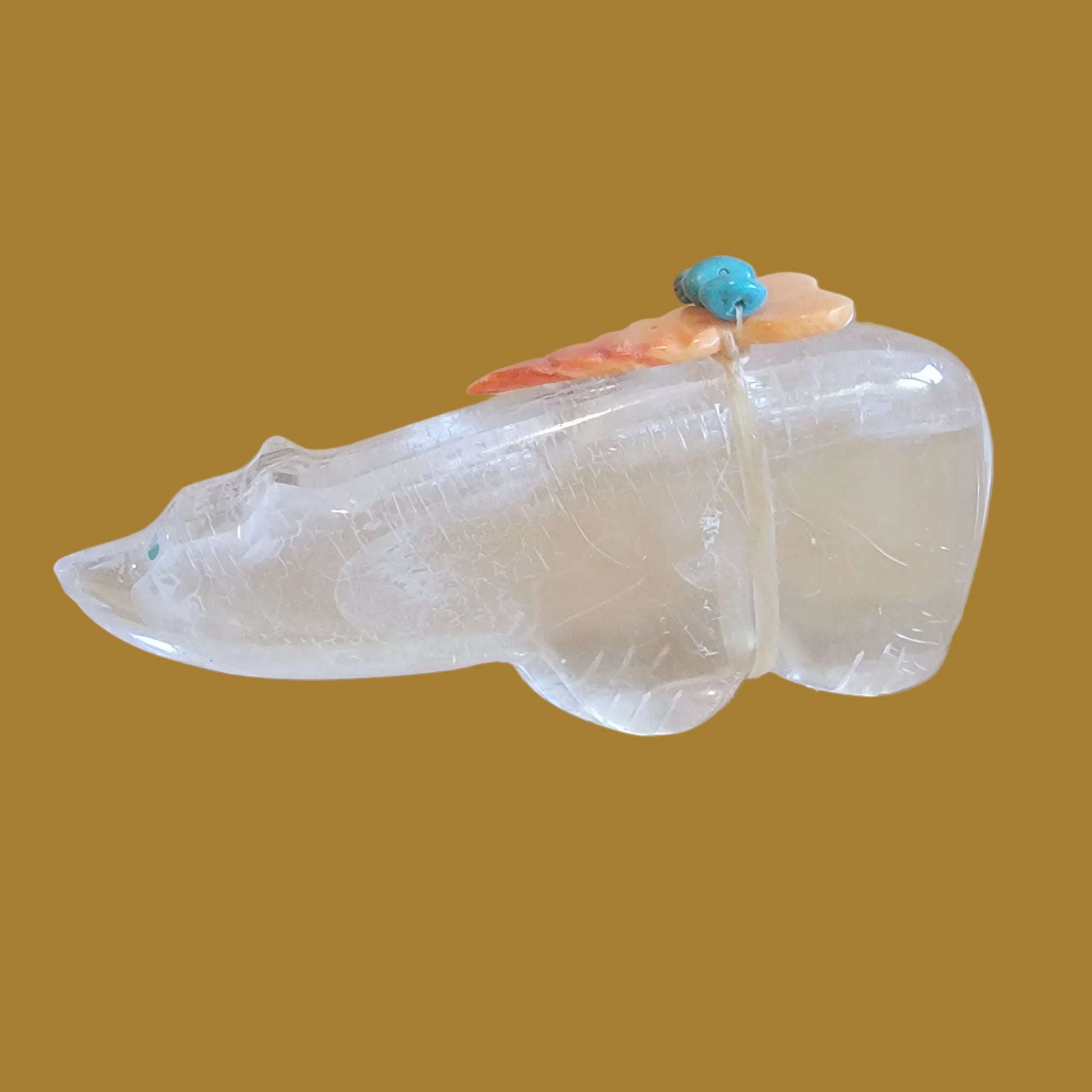 Beautiful Selenite Bear w/Colorful Pack Zuni Fetish