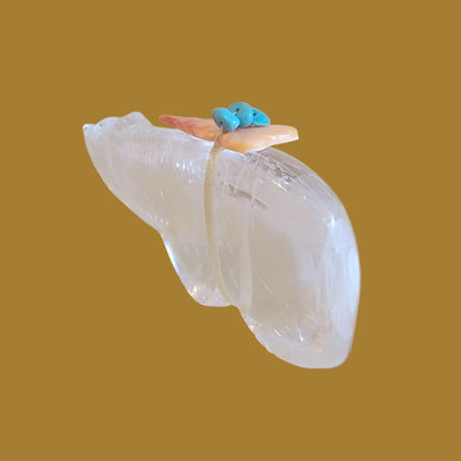 Beautiful Selenite Bear w/Colorful Pack Zuni Fetish