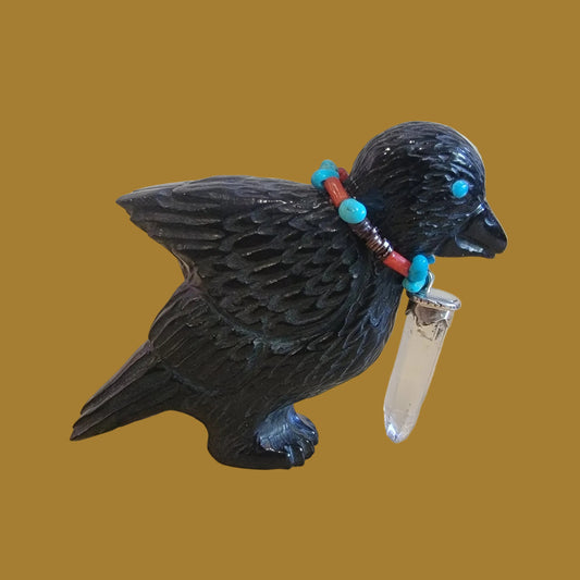 Black Marble Baby Raven Chick w/Sterling and Crystal Bling Zuni Fetish