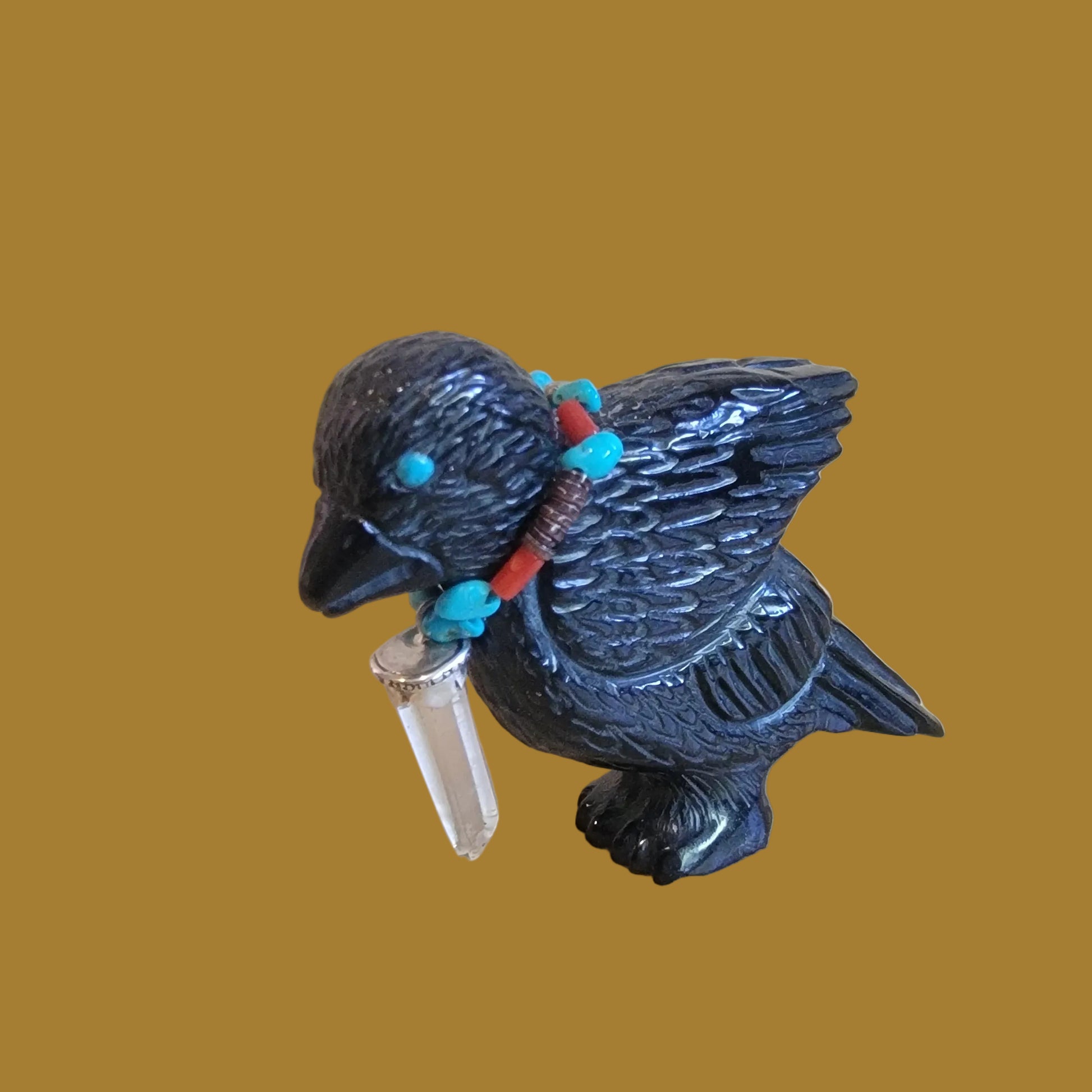 Black Marble Baby Raven Chick w/Sterling and Crystal Bling Zuni Fetish